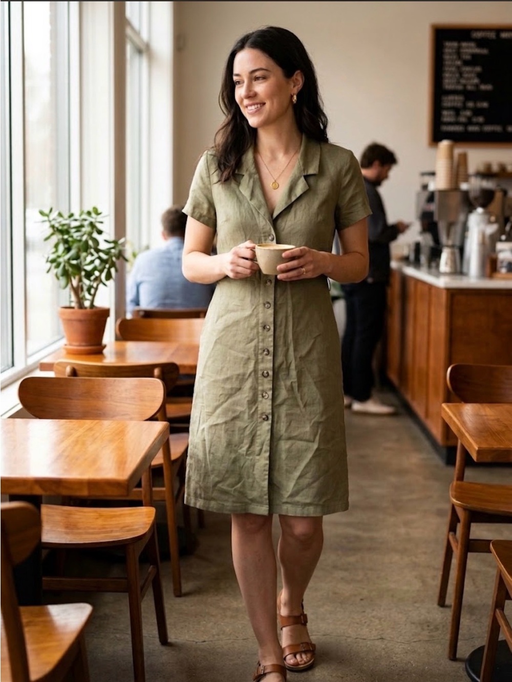 Quince 100% European Linen Button Front Shirt Dress Sz Small Army Green